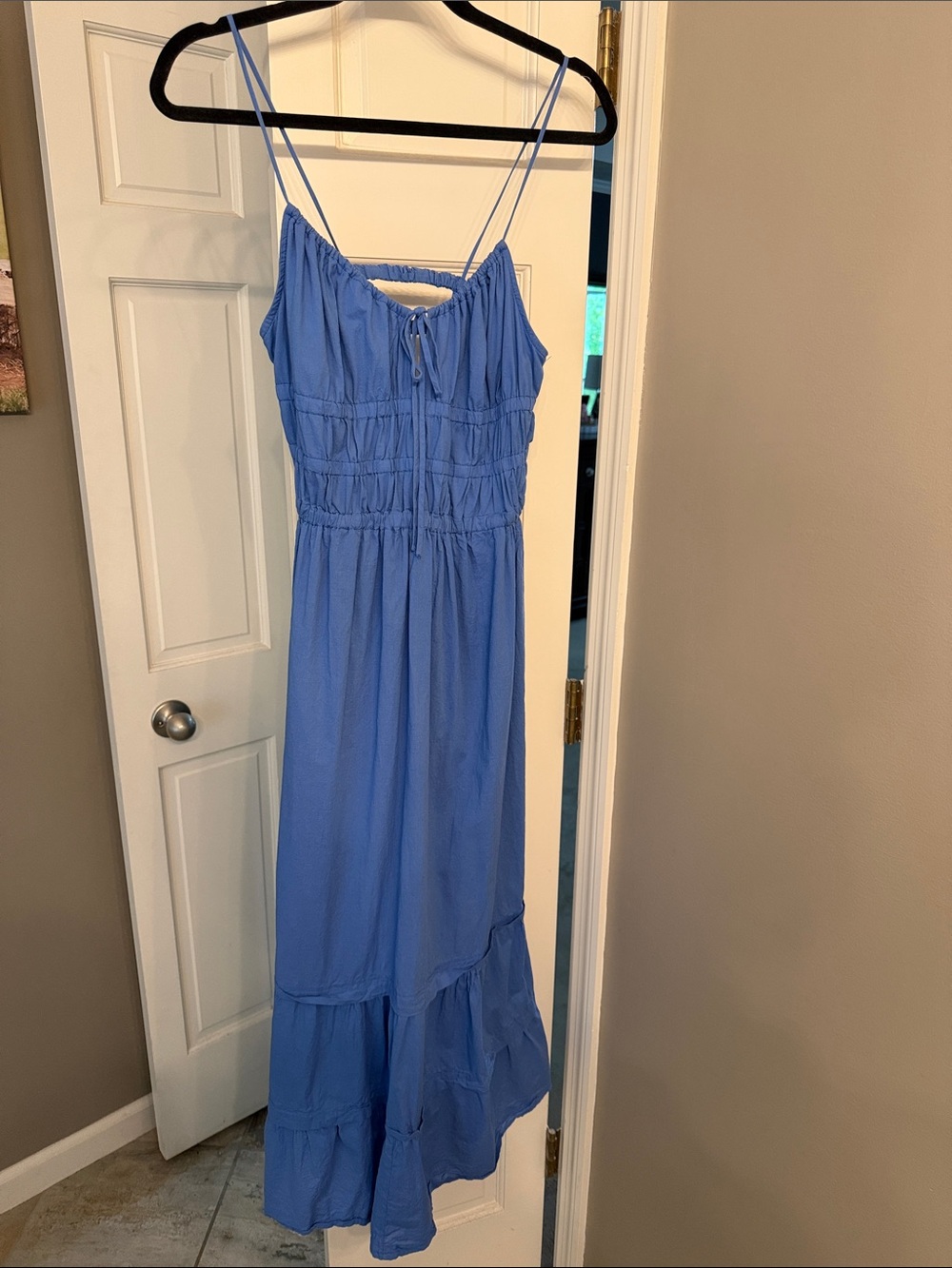 Sky Blue Spaghetti-Strap Maxi Dress with Ruffle Hem